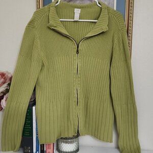 Silk/Cotton Green Ribbed Women's Sweater Career Preppy Feminine Large